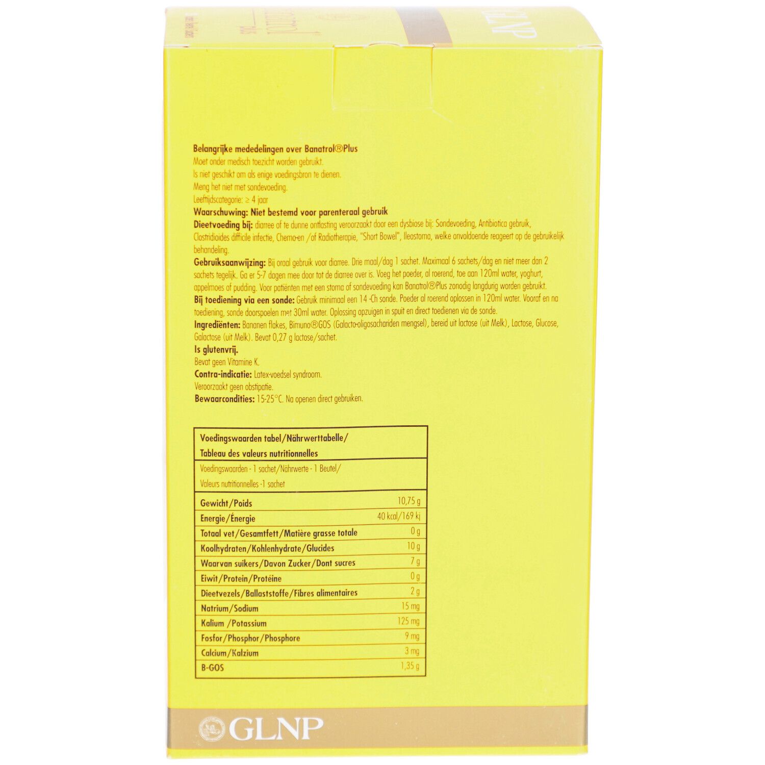 Boîte jaune avec texte et tableau nutritionnel. Marque GLNP. Informations au dos.