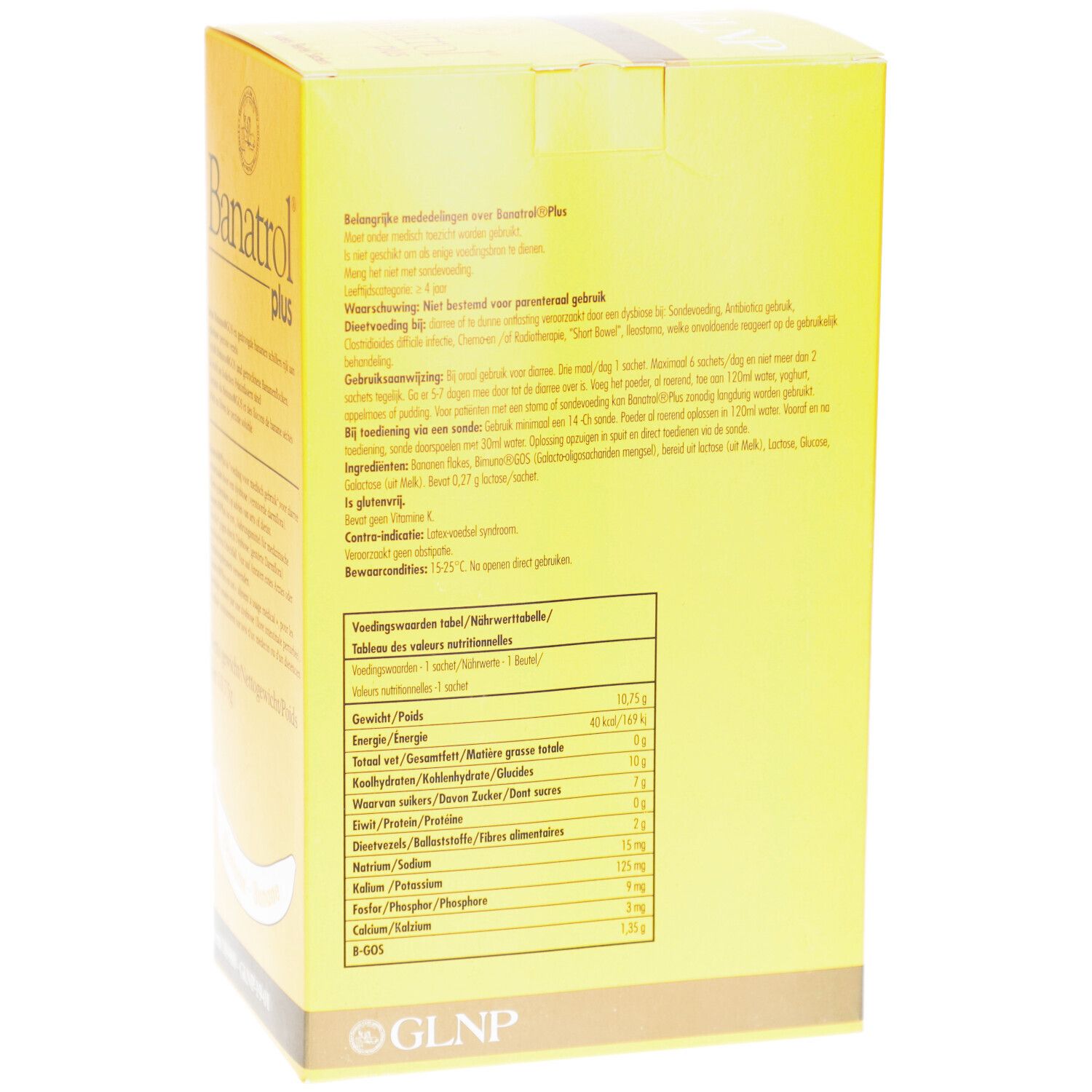 Boîte jaune avec texte et tableau nutritionnel. Marque GLNP. Informations au dos.