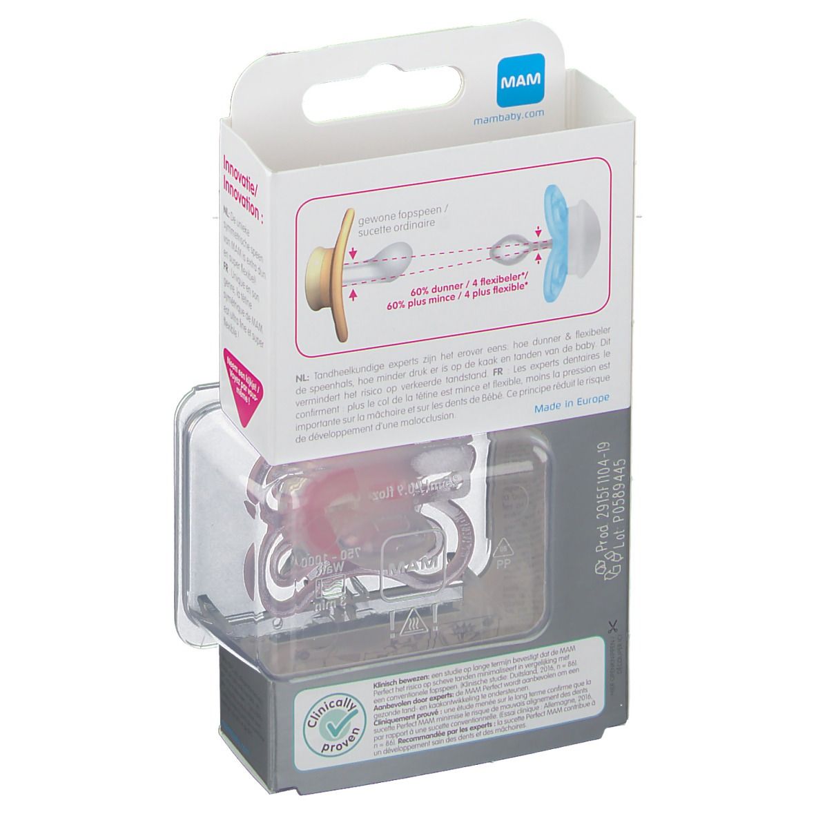 Dos de l'emballage. Illustrations du produit. Logo MAM. Texte multilingue. Fabriqué en Europe.