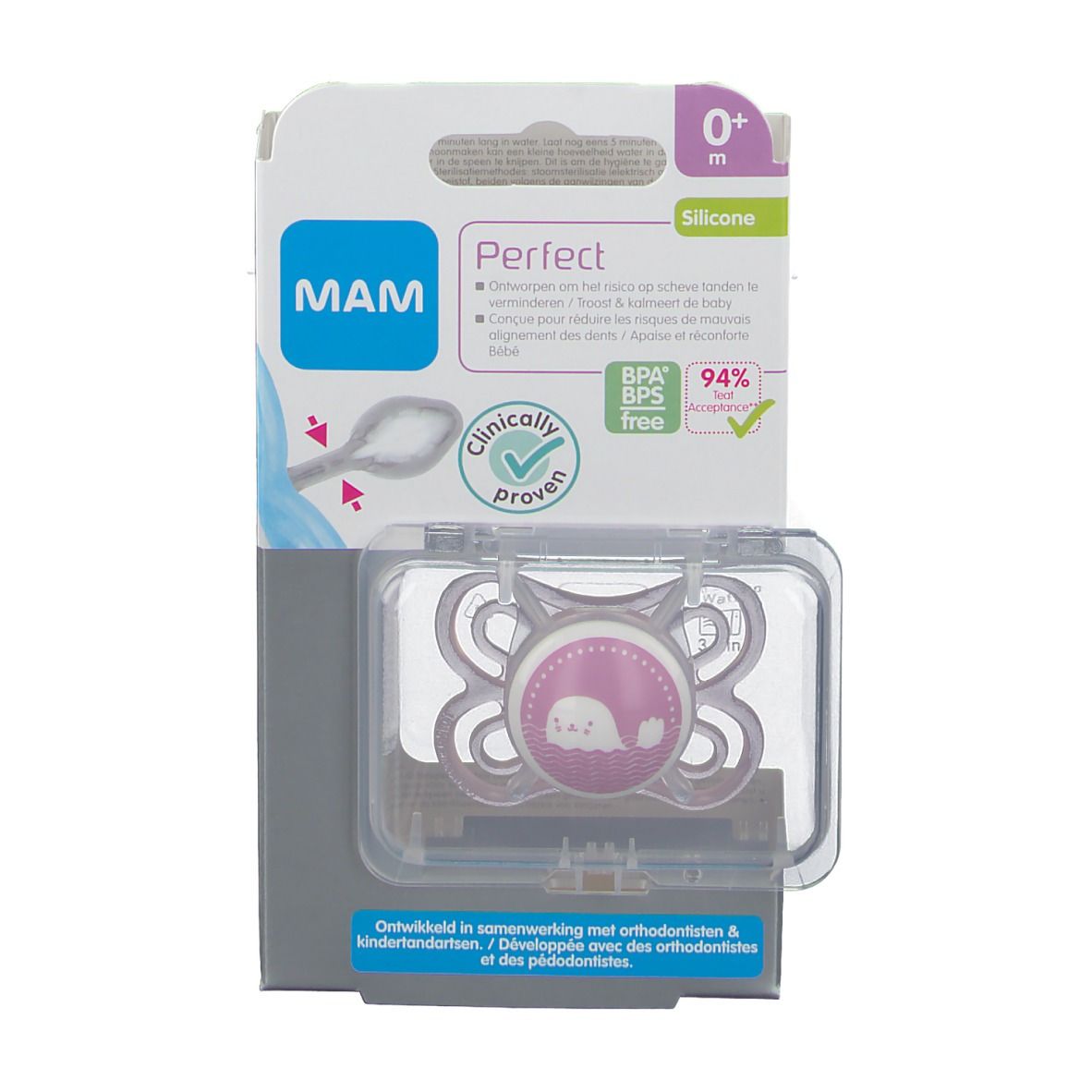Sucette MAM Perfect en silicone rose, emballage. Anneau blanc avec motif animal. Sans BPA. Âge 0-6 mois.