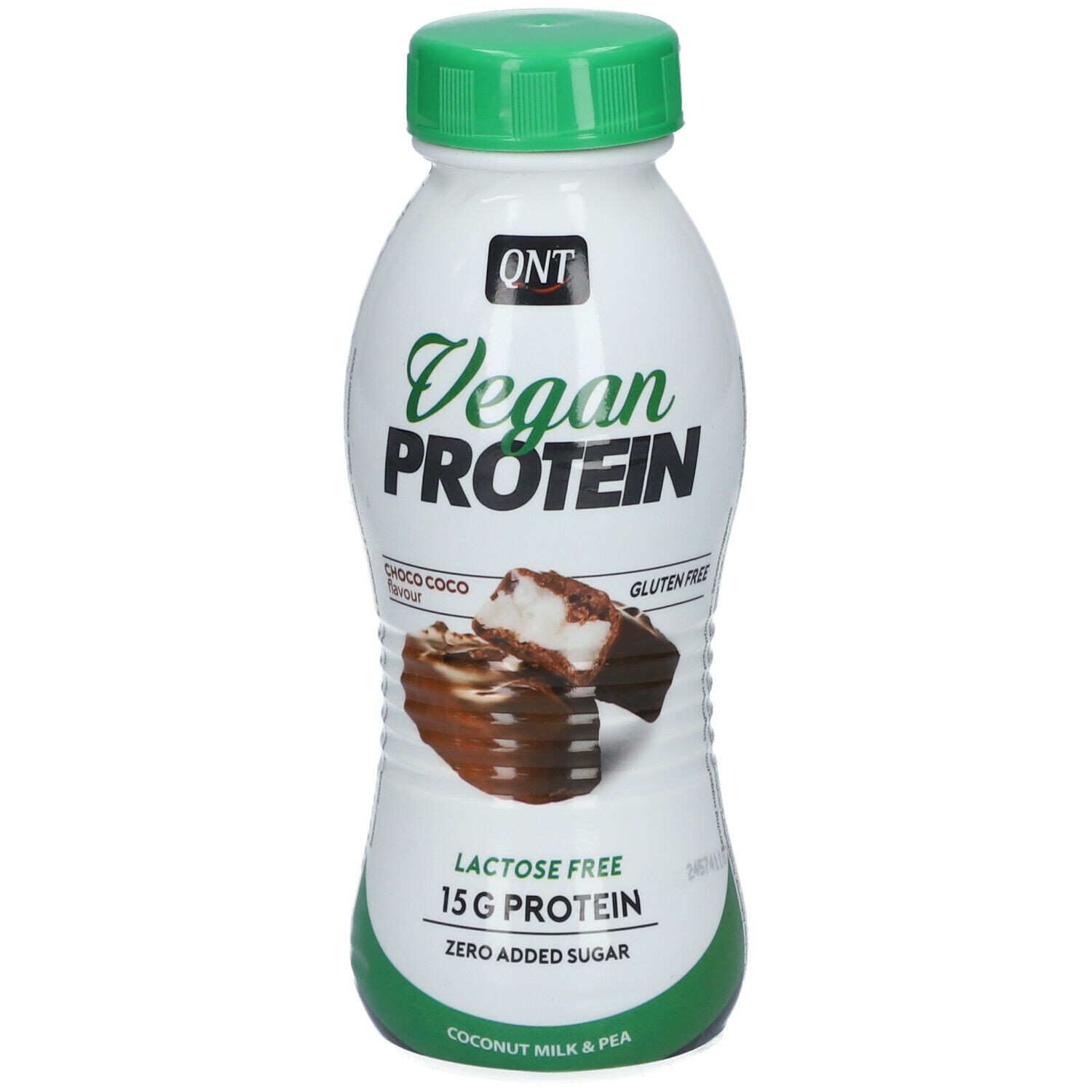 Bouteille blanche, bouchon vert. Inscription: Vegan Protein, Choco Coco, Gluten-Free, Lactose Free, 15G Protein, Zero Added Sugar.