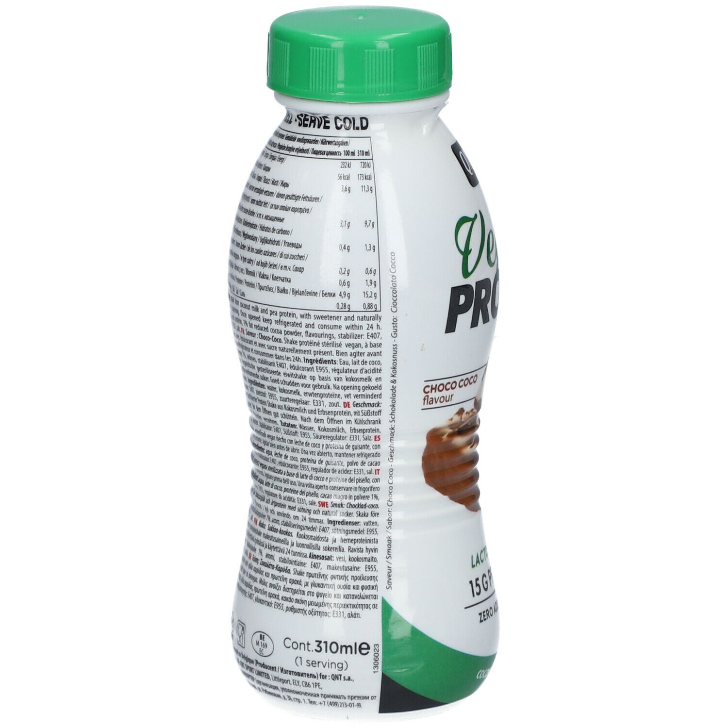Bouteille avec bouchon vert. Inscription: Vegan Protein, Choco Coco, Lactose Free, 15G Protein. Dos avec informations nutritionnelles et texte.