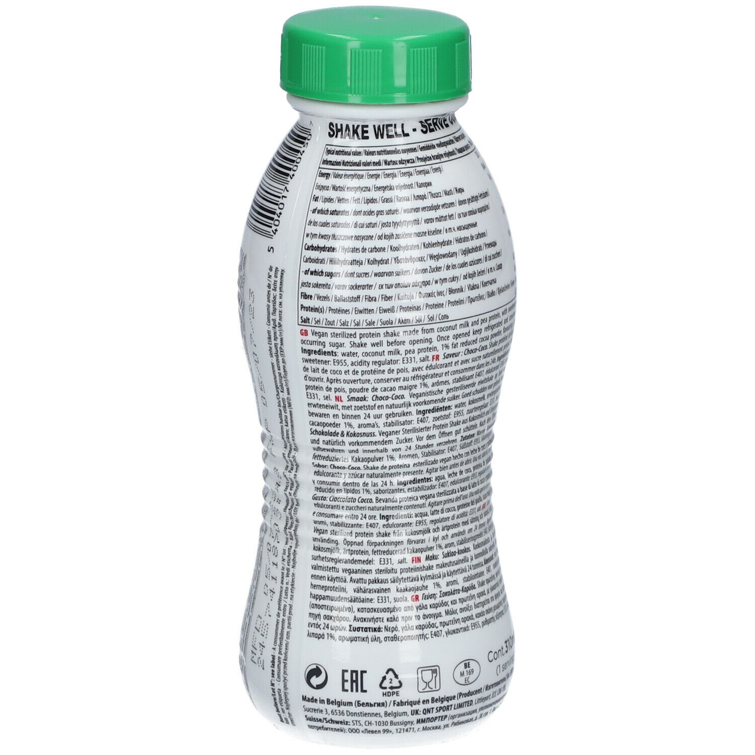 Bouteille avec bouchon vert. Dos avec texte et informations nutritionnelles. Inscription: Vegan Protein, Choco Coco, Lactose Free, 15G Protein.