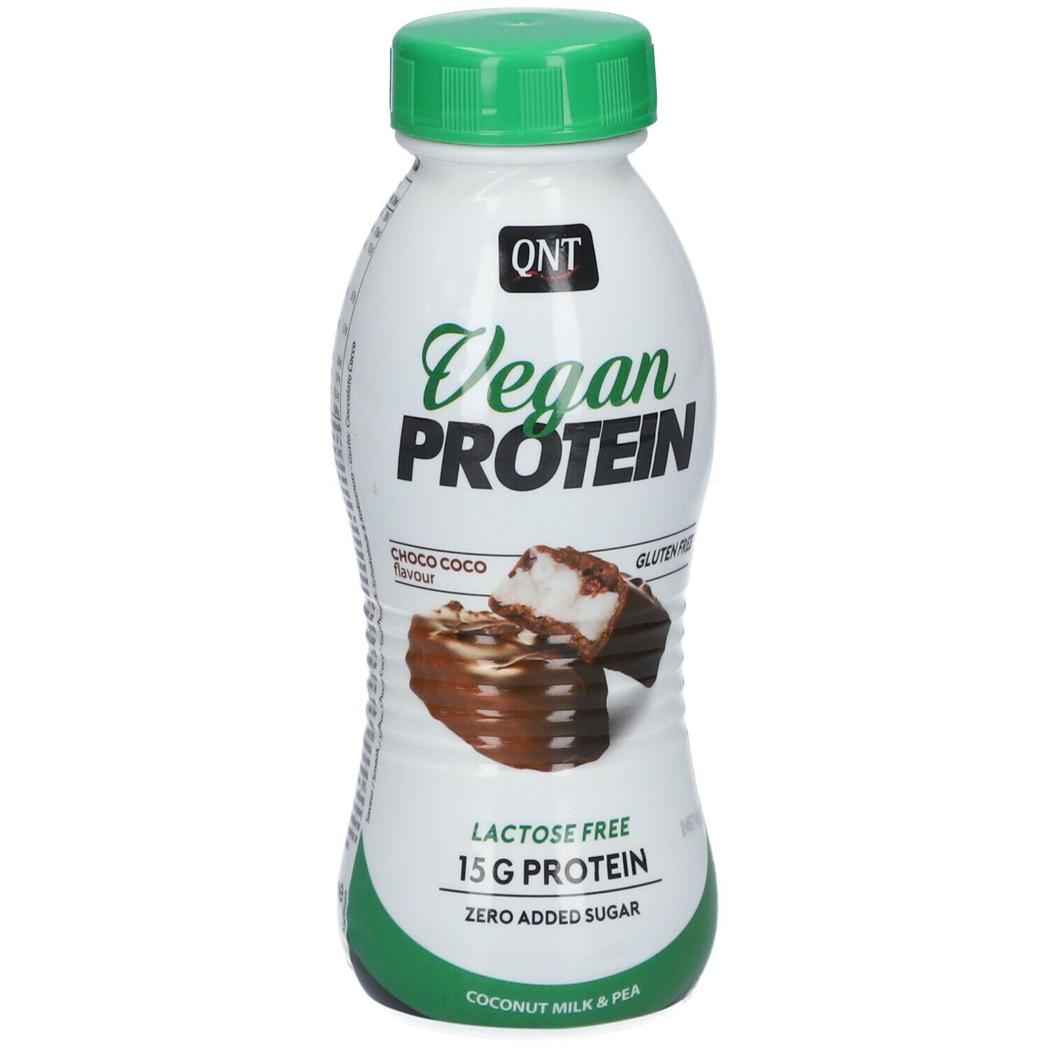 Bouteille blanche, bouchon vert. Inscription: Vegan Protein, Choco Coco, Gluten-Free, Lactose Free, 15G Protein, Zero Added Sugar.