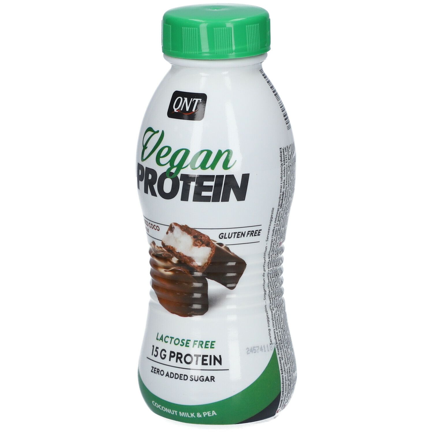 Bouteille blanche, bouchon vert. Inscription: Vegan Protein, Choco Coco, Gluten-Free, Lactose Free, 15G Protein, Zero Added Sugar.