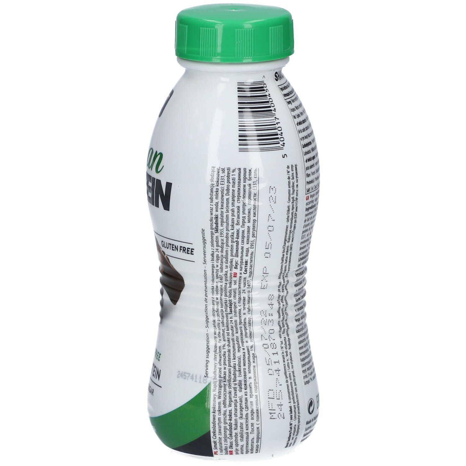 Bouteille avec bouchon vert. Dos avec texte et date de péremption. Inscription: Vegan Protein, Choco Coco, Lactose Free, 15G Protein.