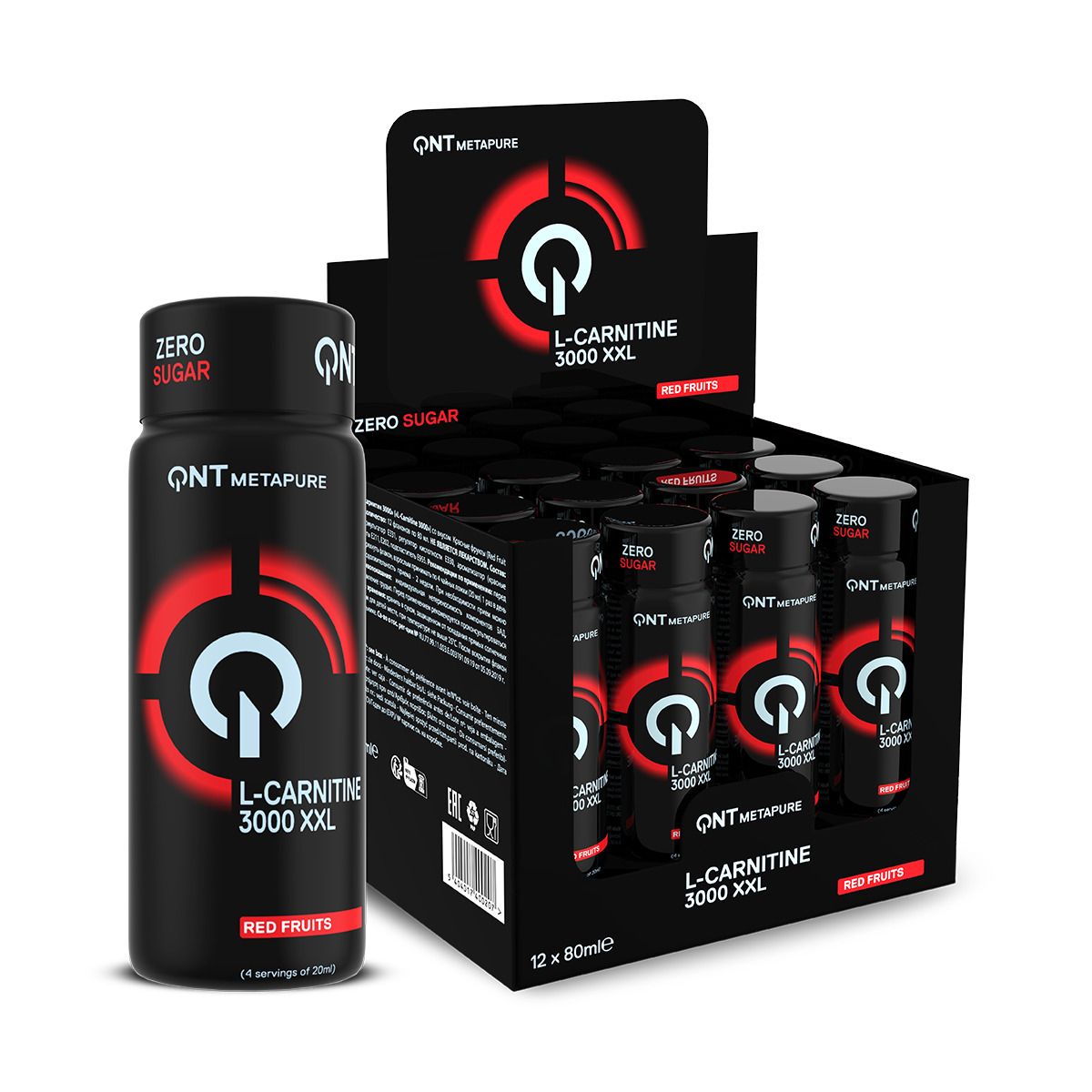 Doos met 12 flesjes QNT L-Carnitine 3000 Shot, rode vruchtsmaak, suikervrij.