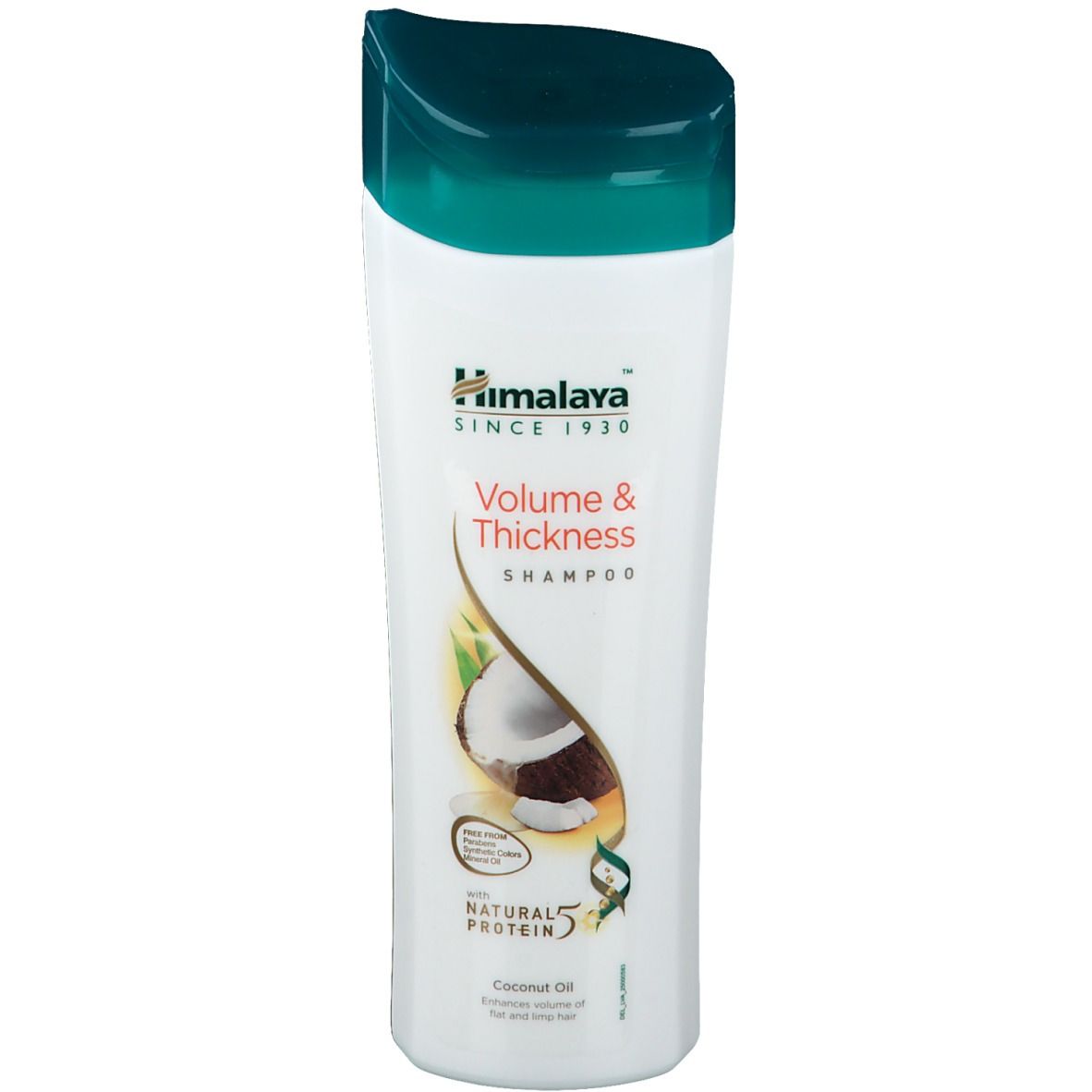 Witte shampoo met groene dop. Opschrift: Himalaya, Volume & Thickness Shampoo. Illustratie van kokosnoot.