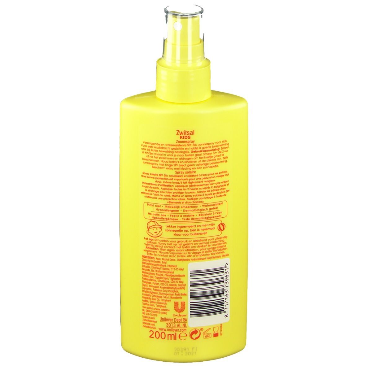 Gele sprayfles met tekst. Opschrift: Zwitsal Kids Sonnenschutzspray LSF 50+. Bevat 200 ml. Met spraykop.
