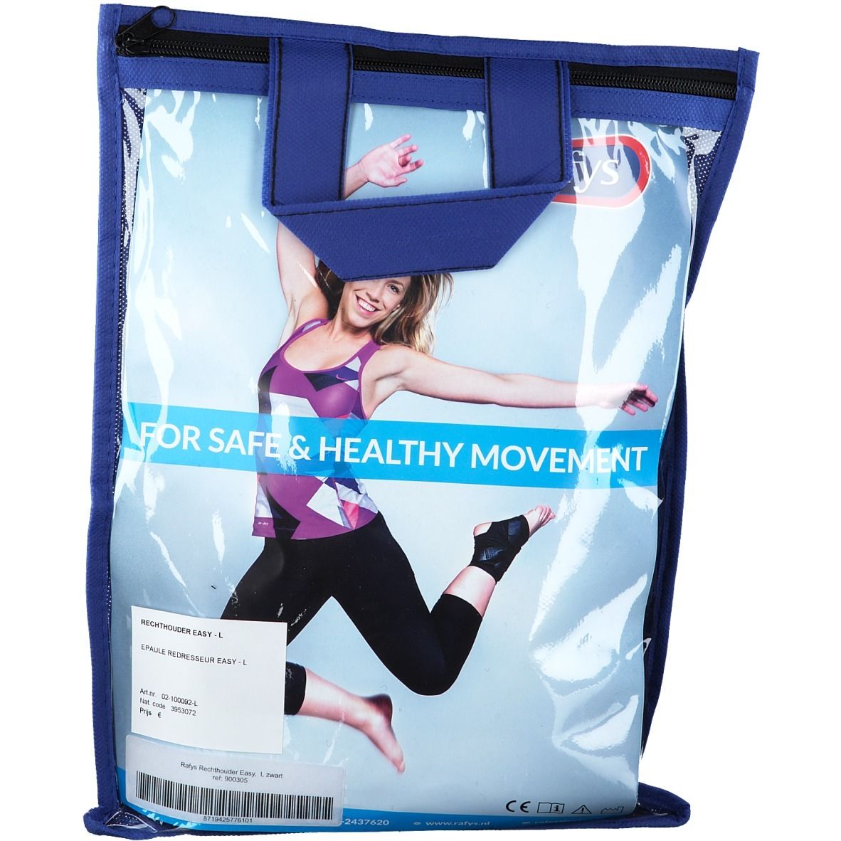 Blauwe transparante tas met productafbeelding en tekst 'FOR SAFE & HEALTHY MOVEMENT'.