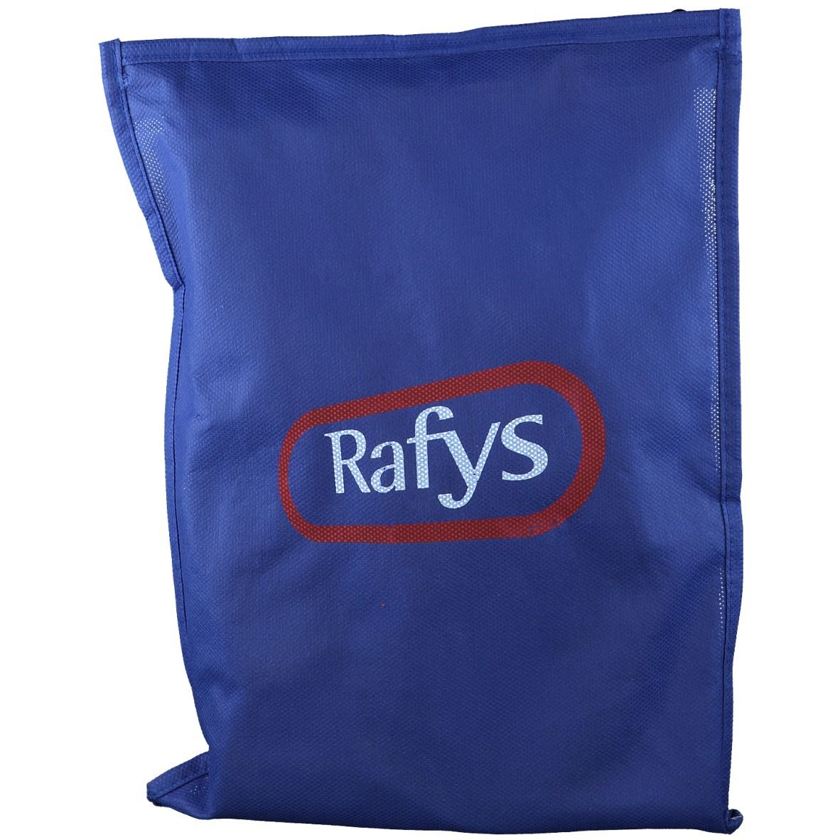 Blauwe tas met rood logo 'Rafys'.