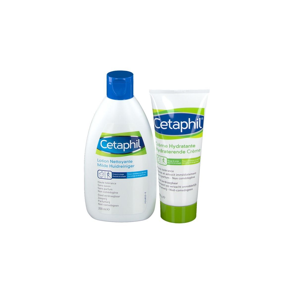 Coffret Cetaphil 2-en-1 : Nettoyant doux et Crème hydratante. Emballage bleu et blanc avec texte.
