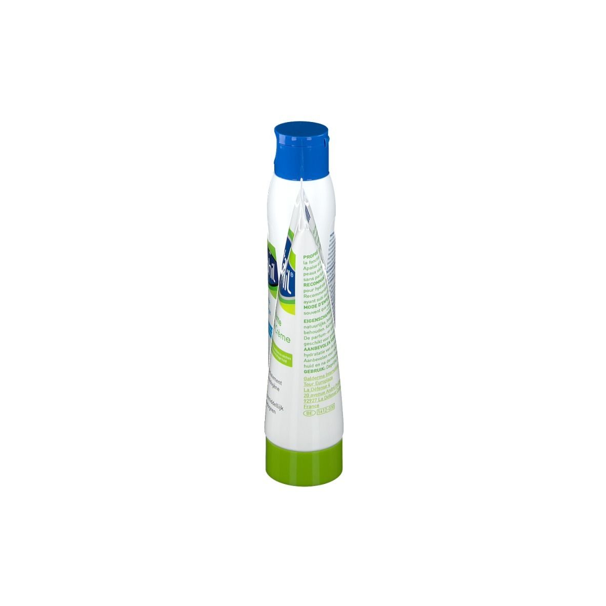 Vue en biais du coffret Cetaphil avec deux produits. Emballage bleu et blanc avec texte.