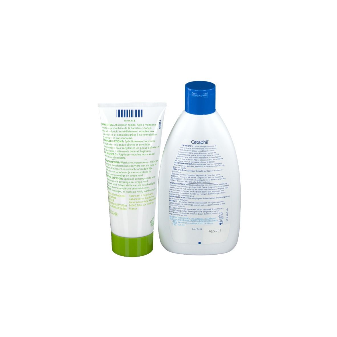Coffret Cetaphil avec visage de femme. Contient deux produits. Emballage bleu et blanc avec texte.
