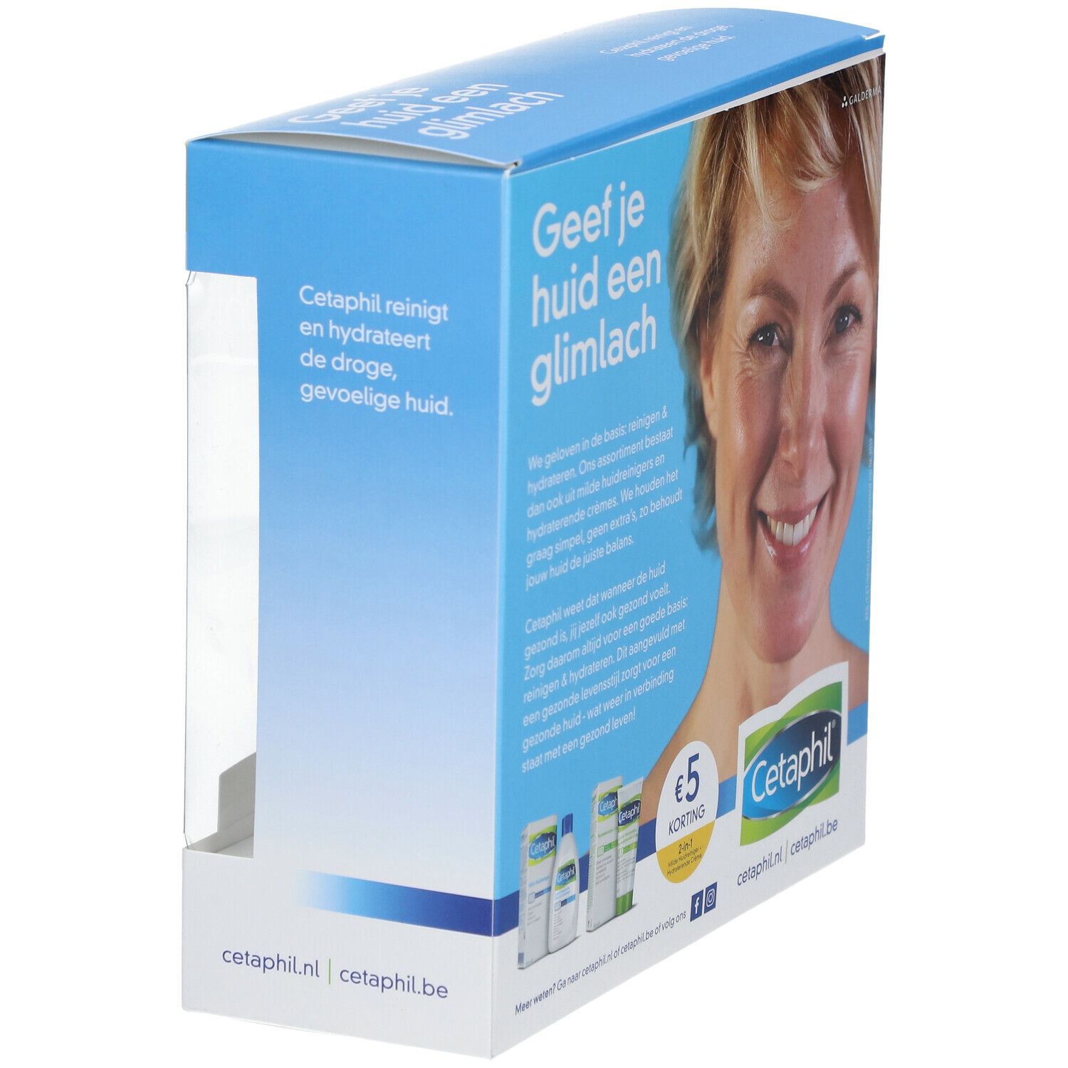 Vue en biais du coffret Cetaphil avec visage de femme. Emballage bleu et blanc avec texte.