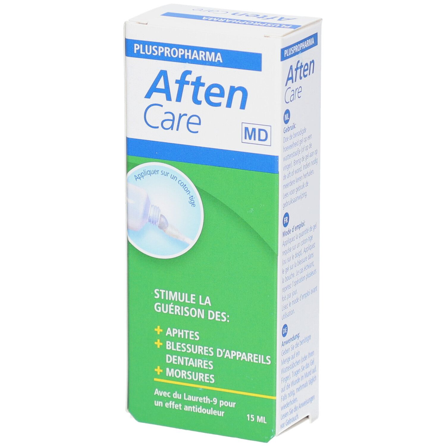 Pluspropharma Aften Care-verpakking. Groen-witte doos met productnaam en voorbeelden van gebruik. 15 ml.