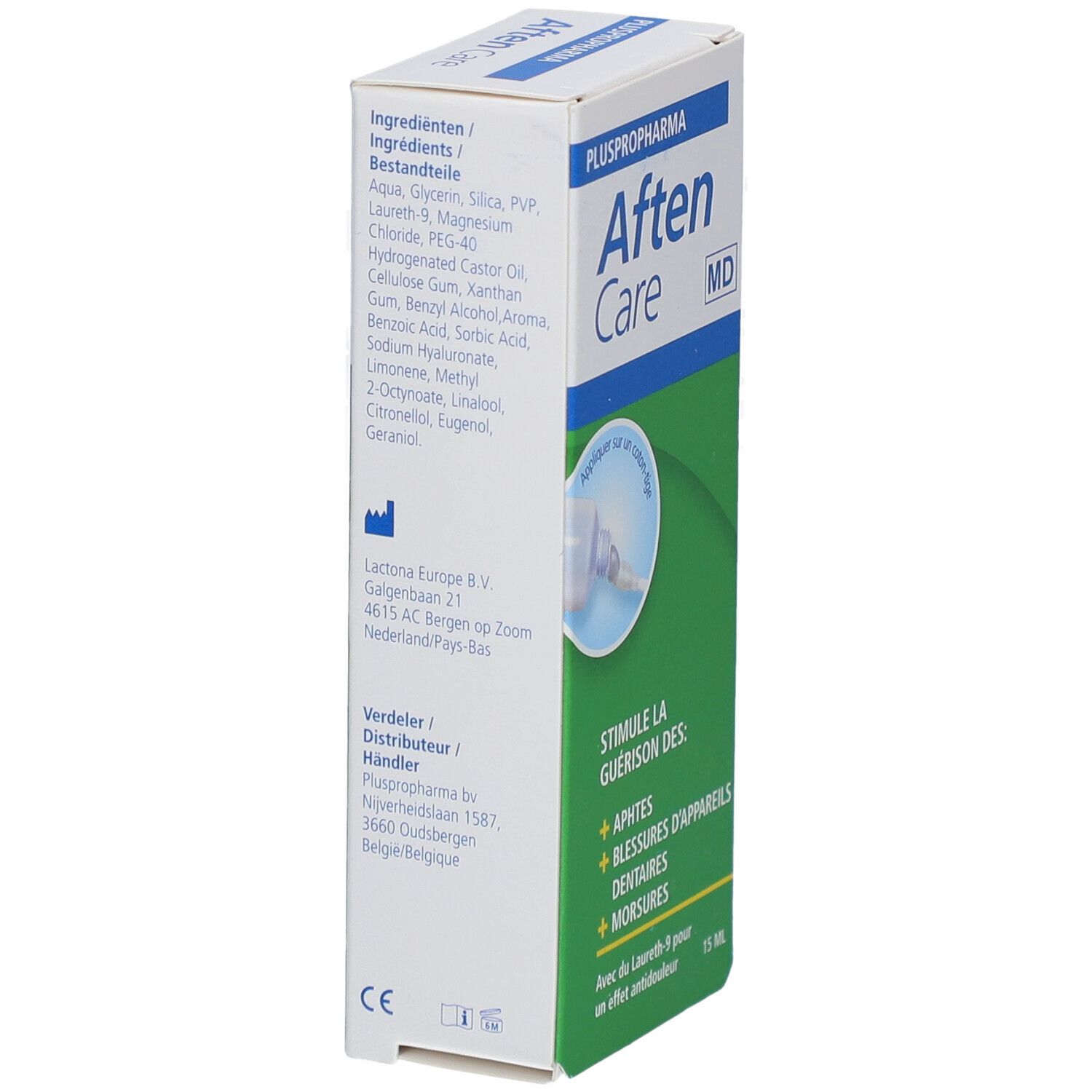 Achterkant van de Pluspropharma Aften Care-verpakking. Ingrediëntenlijst, fabrikanteninformatie en CE-markering.