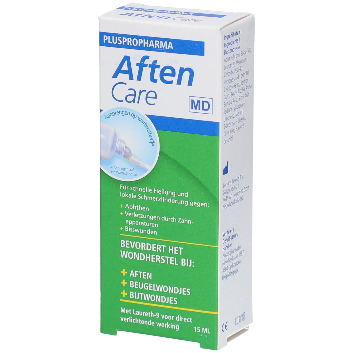 Pluspropharma Aften Care-verpakking. Productnaam, voorbeelden van gebruik en tekst in het Duits en Nederlands. 15 ml.