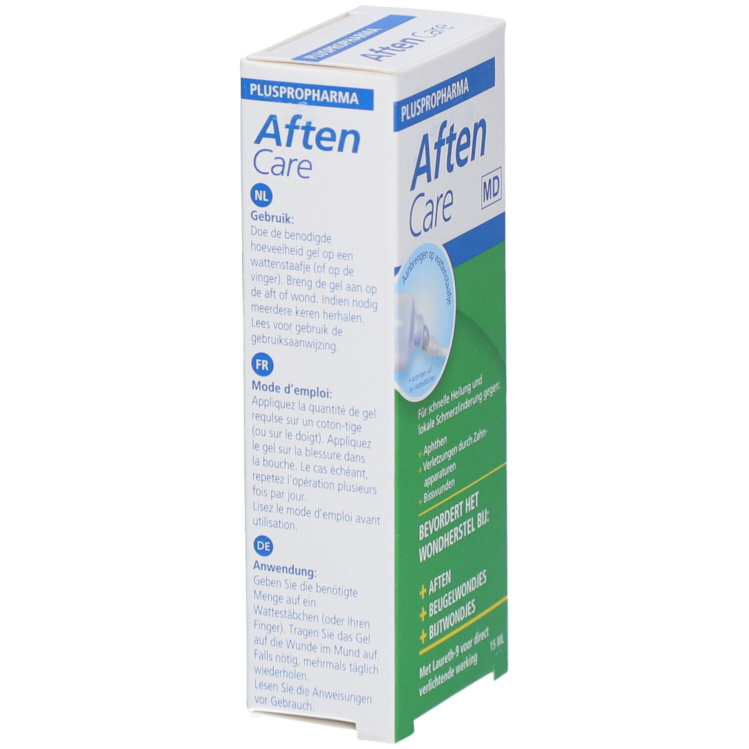 Pluspropharma Aften Care-verpakking. Productnaam, voorbeelden van gebruik en tekst in het Nederlands en Frans. 15 ml.