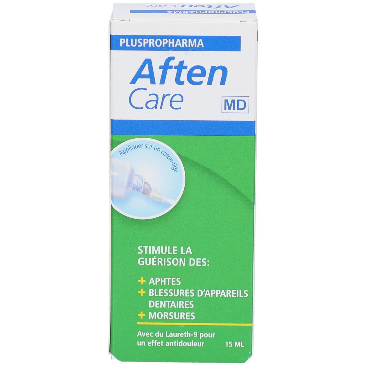 Pluspropharma Aften Care-verpakking. Groen-witte doos met productnaam en voorbeelden van gebruik. 15 ml.