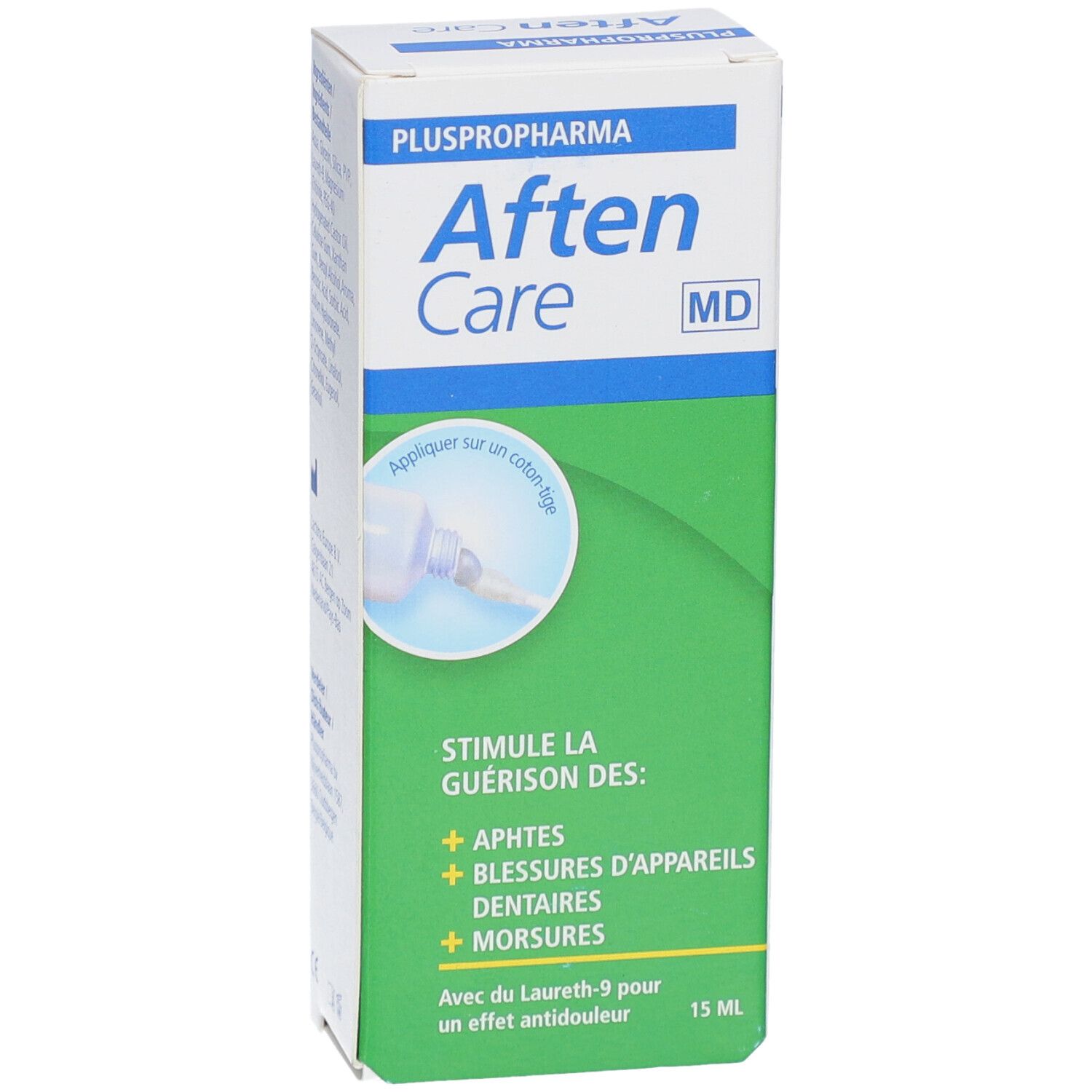 Pluspropharma Aften Care-verpakking. Groen-witte doos met productnaam en voorbeelden van gebruik. 15 ml.