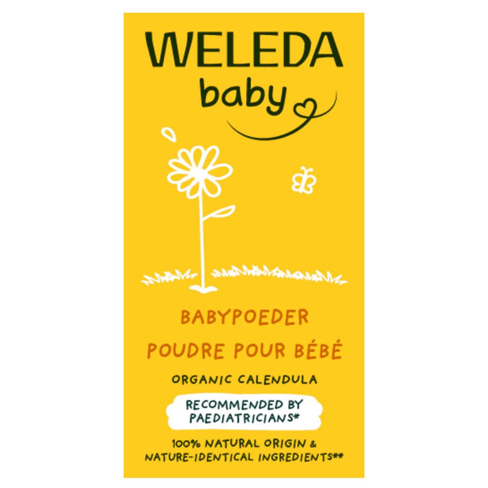 Geel etiket met opschrift: Babypoeder. Logo.