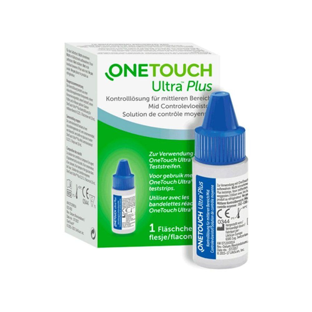 Verpakking van OneTouch Ultra Plus controleoplossing met flesje.