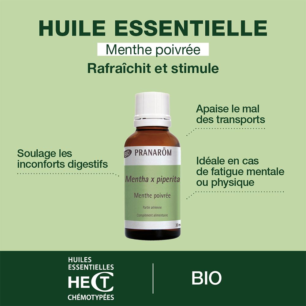 Productfles met tekst op groene achtergrond. Tekst: Huile Essentielle, Menthe poivrée. BIO-certificering.