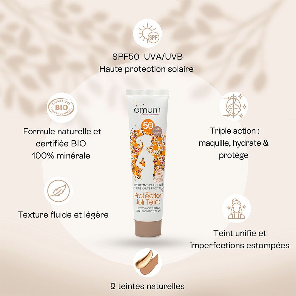 Omum Protection Joli Teint. Caractéristiques : SPF50, formule naturelle, 2 teintes.