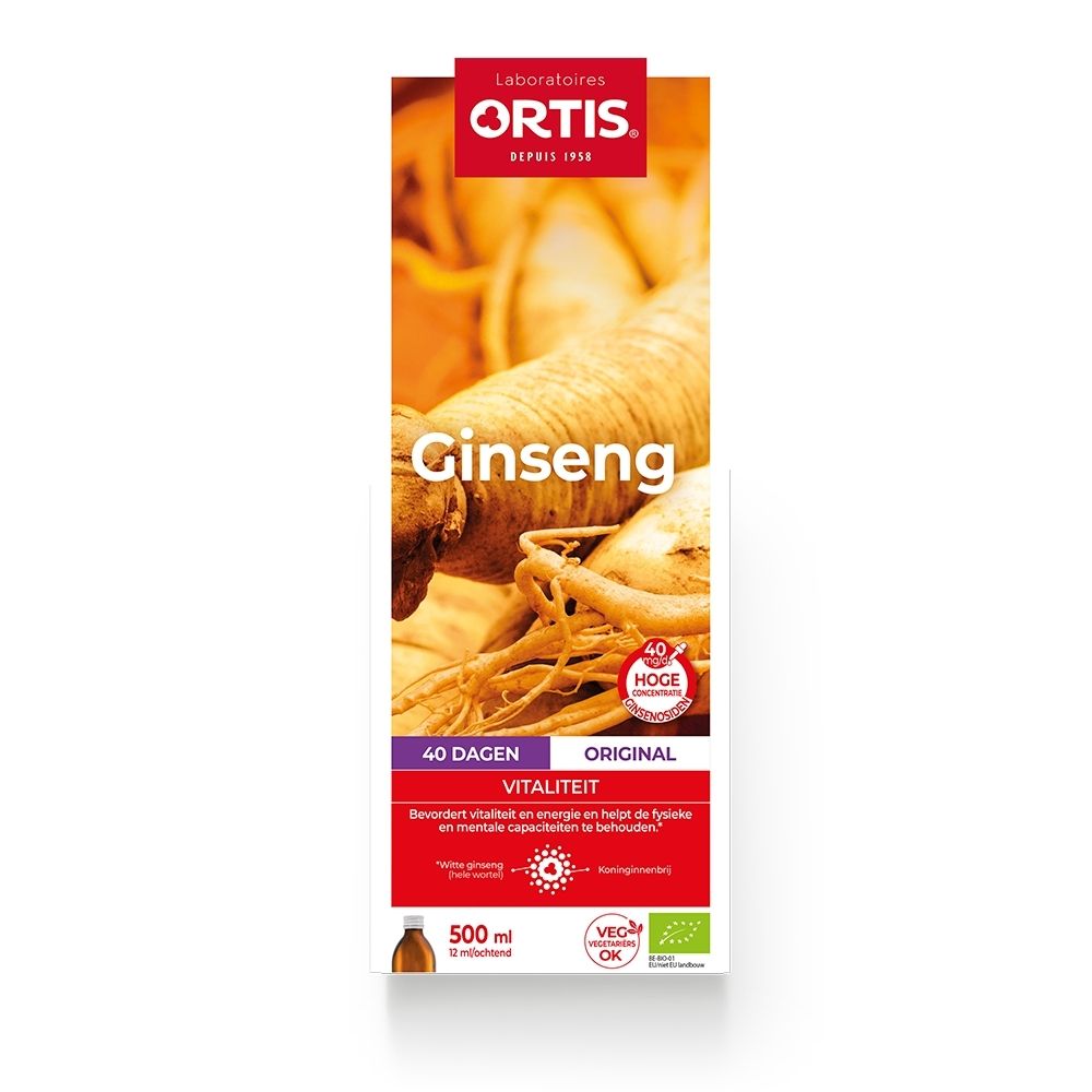 Ortis Ginseng Bio: Fles 500ml, ginsengwortels, vitaliteit.