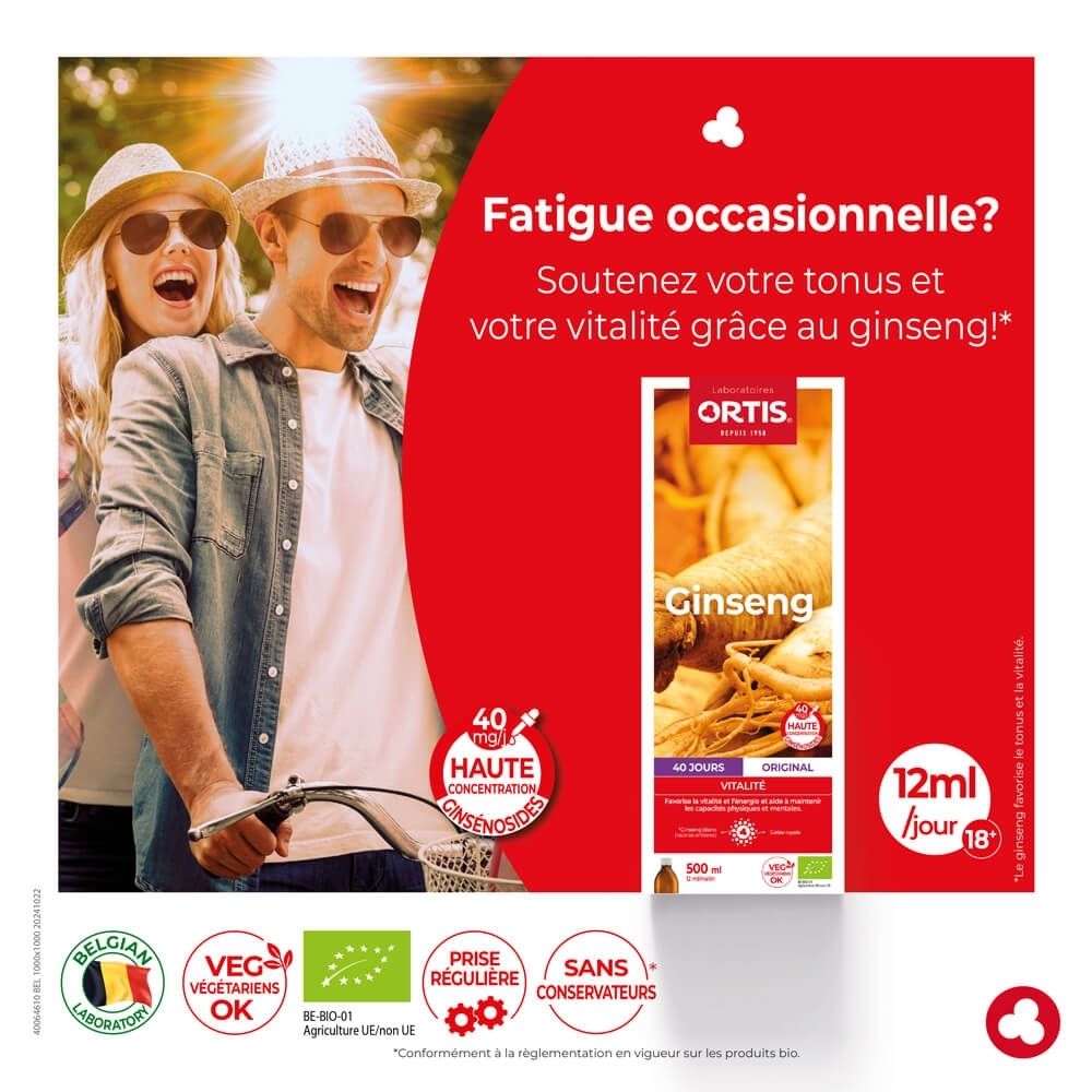 Ortis Ginseng Bio: Bouteille 500ml, racines de ginseng, vitalité.