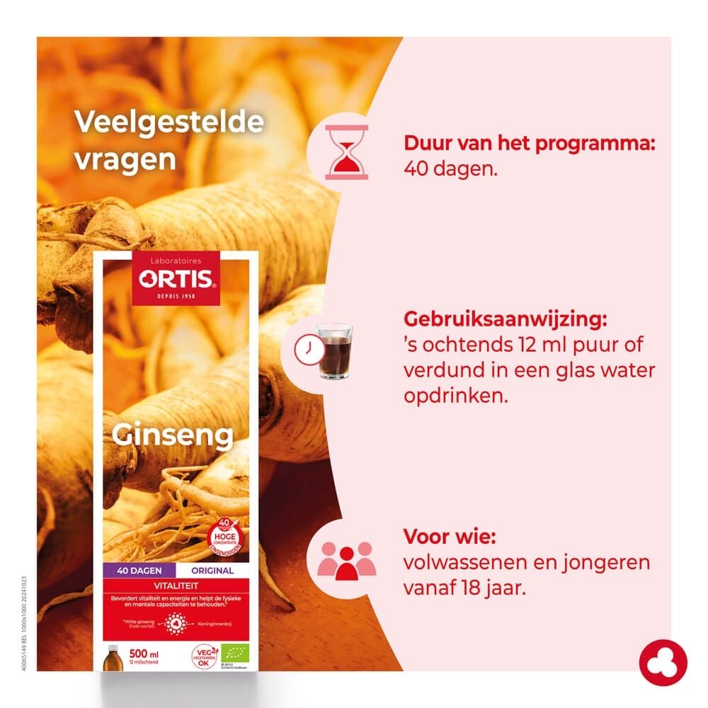 Ortis Ginseng Bio: Fles 500ml, ginsengwortels, vitaliteit.