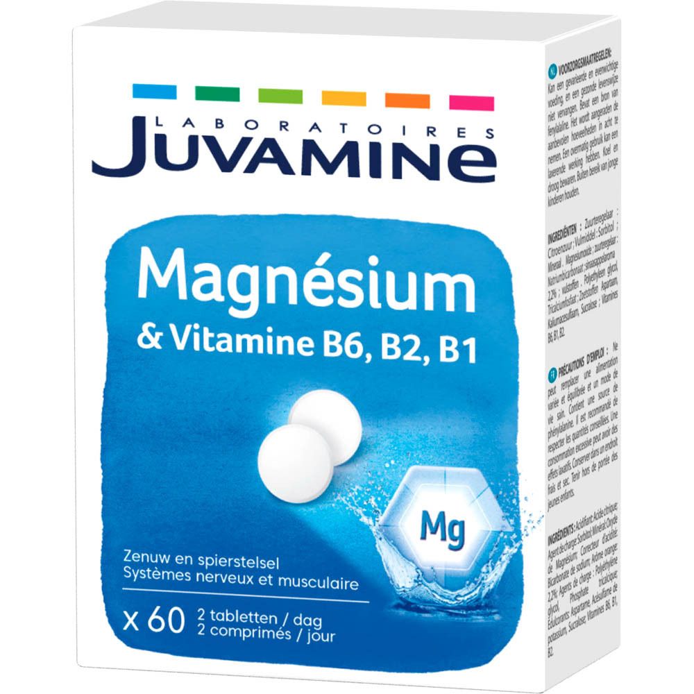 Boîte de Juvamine Magnésium + Vitamine B6, B2, B1. Contient 60 comprimés. Inscription: Magnésium & Vitamines B6, B2, B1.