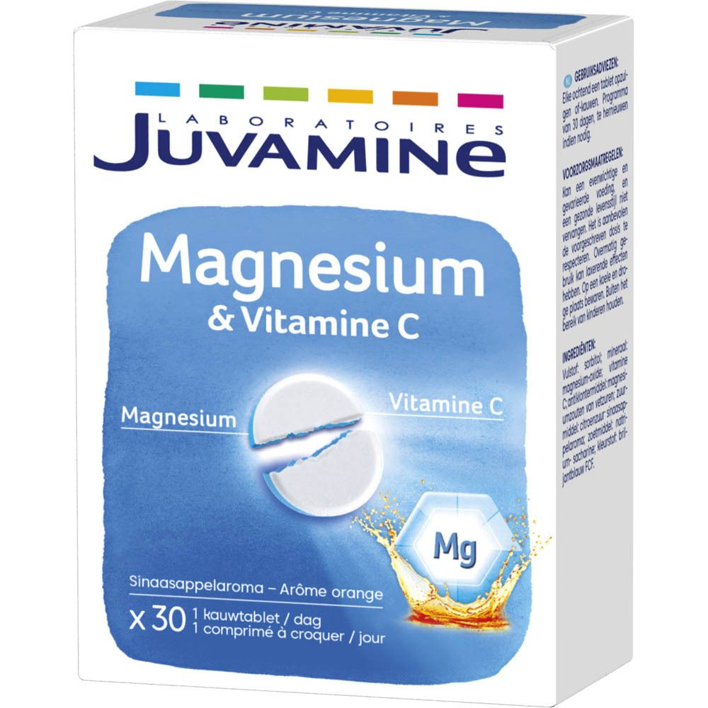 Doos JUVAMINE Magnesium & Vitamine C. Blauwe tekst, witte tablet illustratie. 30 tabletten, sinaasappelsmaak.