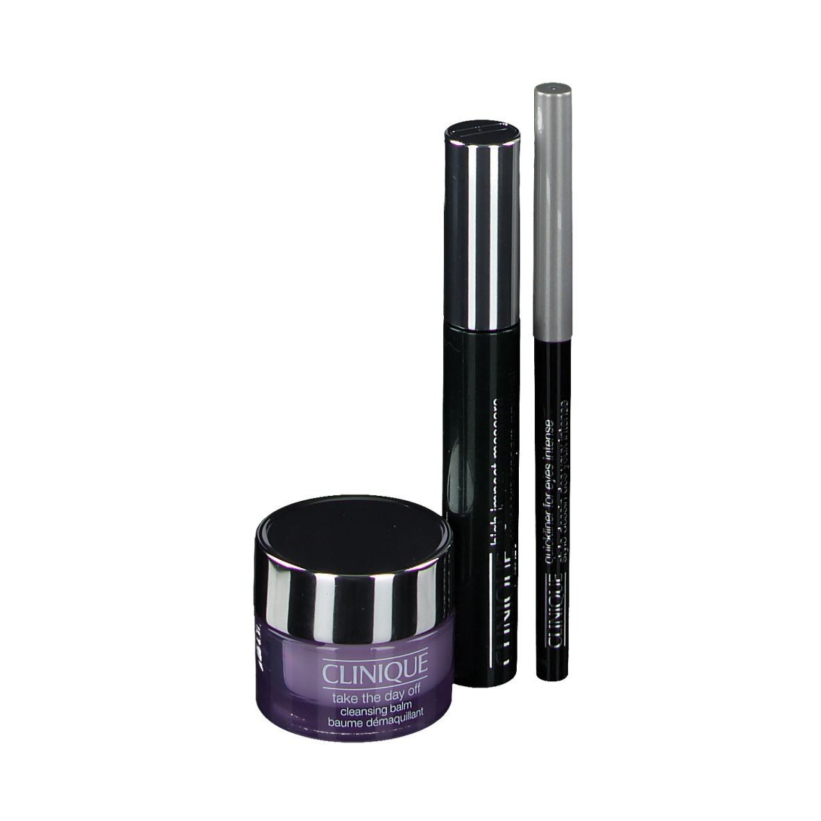 Drie cosmetische producten: mascara, oogpotlood en reinigingsbalsem. Zwarte en zilveren verpakkingen. Clinique-logo.