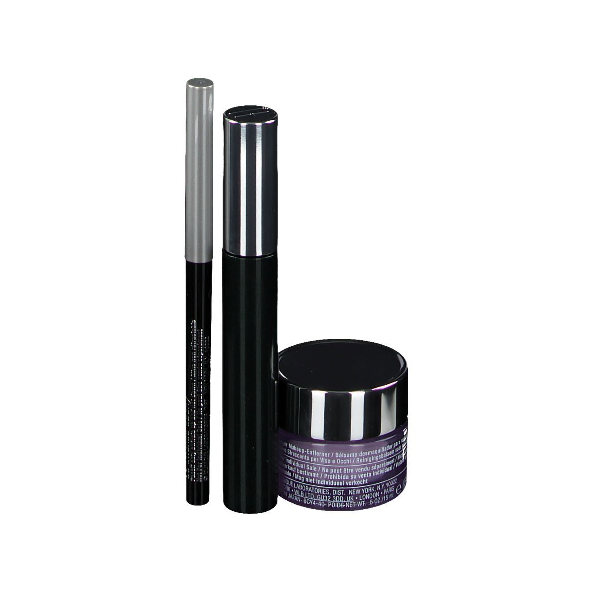 Drie cosmetische producten: mascara, oogpotlood en reinigingsbalsem. Zwarte en zilveren verpakkingen. Clinique-logo.