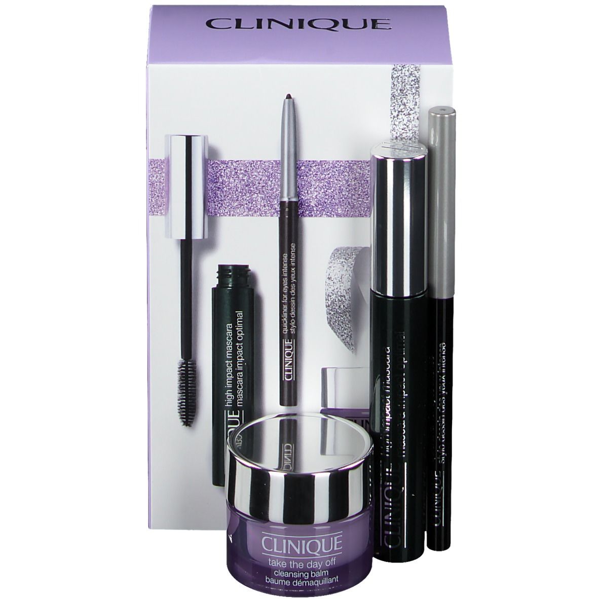 Geschenkset met mascara, oogpotlood en reinigingsbalsem. Verpakking met Clinique-logo. Producten in de verpakking.