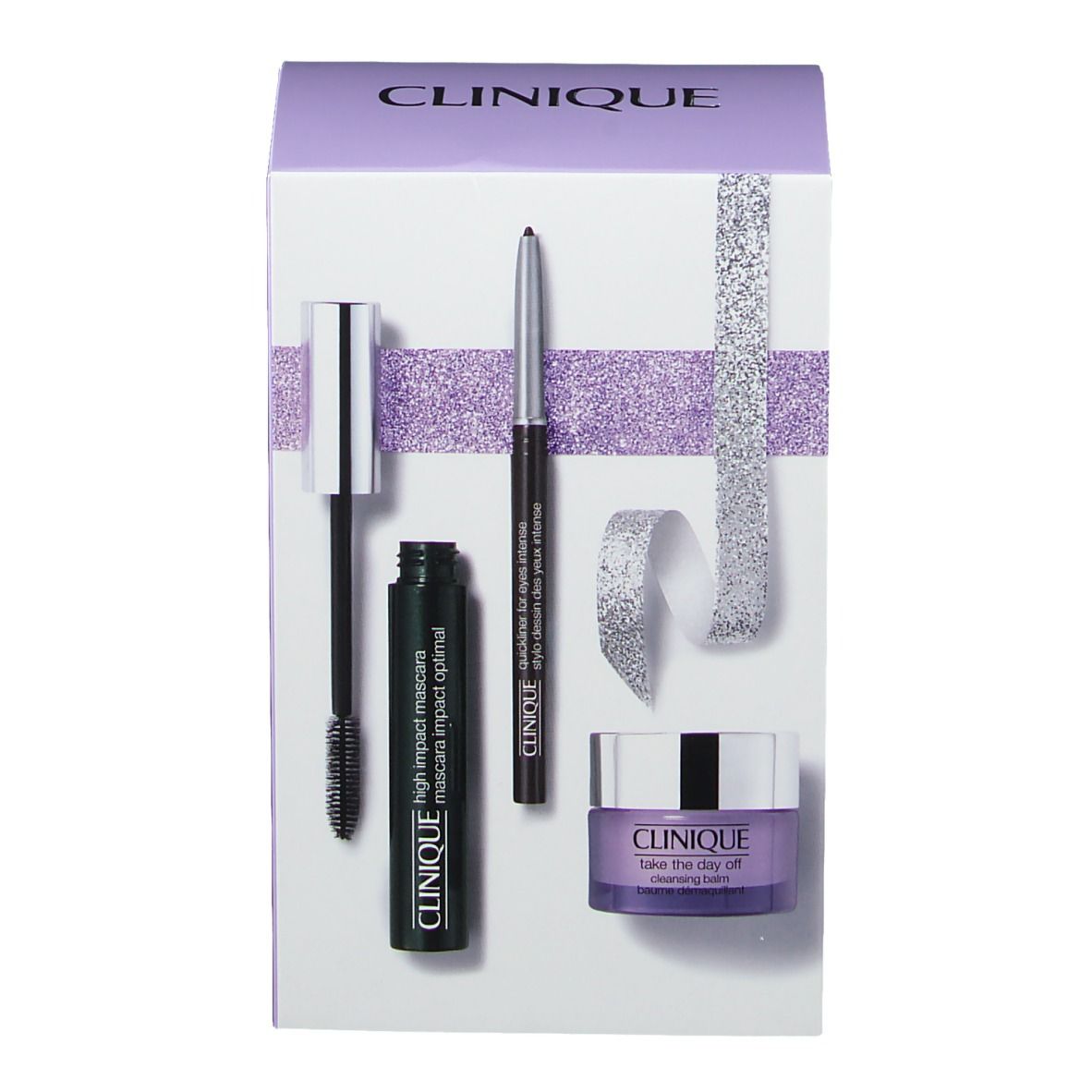 Geschenkset met mascara, oogpotlood en reinigingsbalsem. Verpakking met Clinique-logo. Producten in de verpakking.