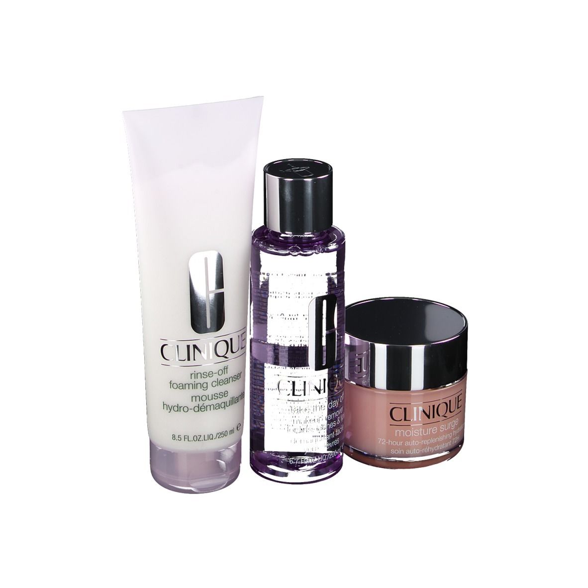 Drie Clinique cosmetica: reinigingsmousse, lotion en moisturizer. Allemaal met logo.