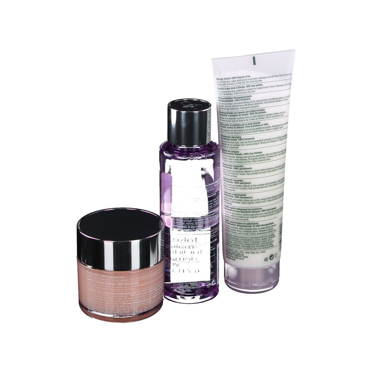 Drie cosmetische producten: pot, fles en tube. Tekst en logo's zichtbaar op de tube.