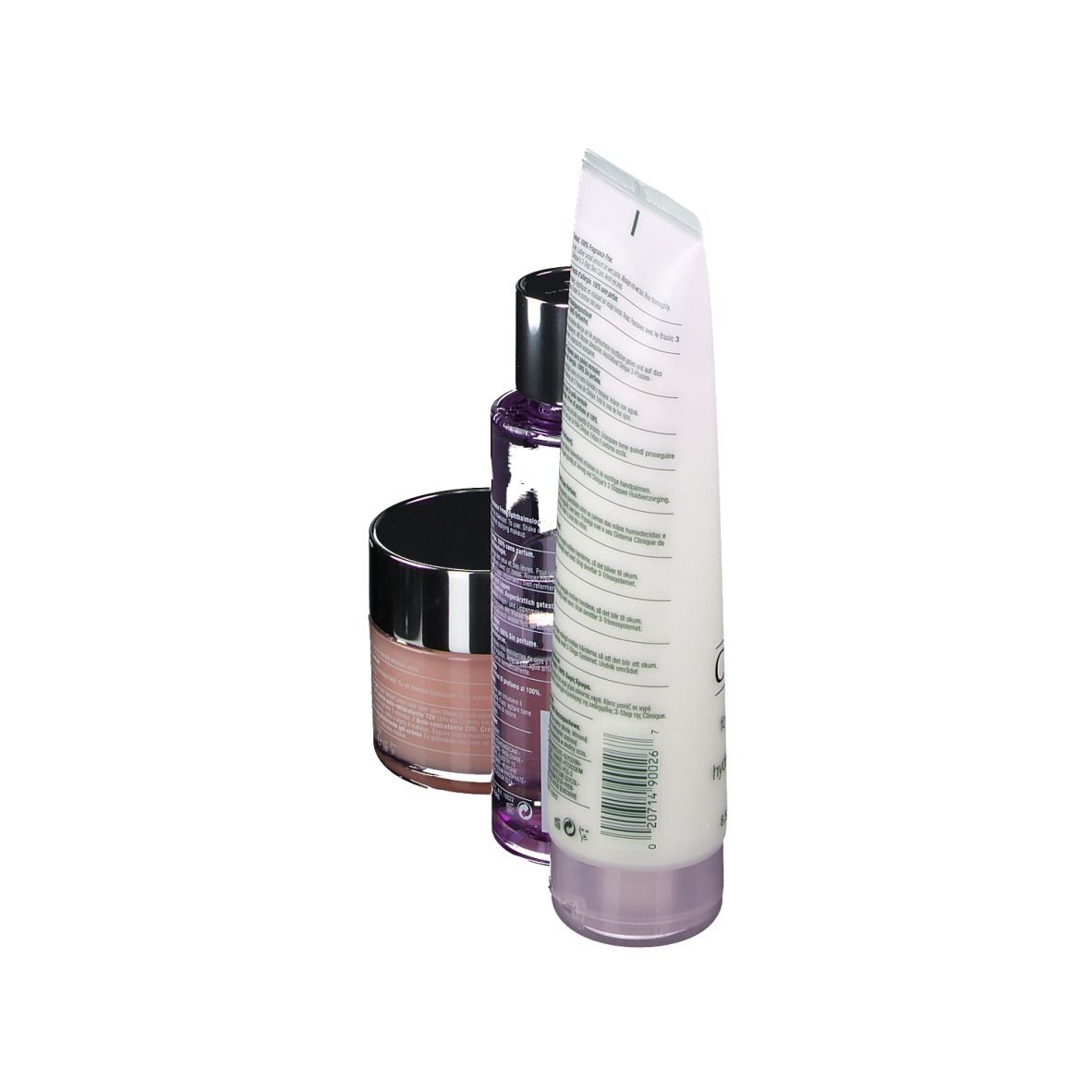 Drie cosmetische producten schuin geplaatst. De achterkant van de tube is zichtbaar.