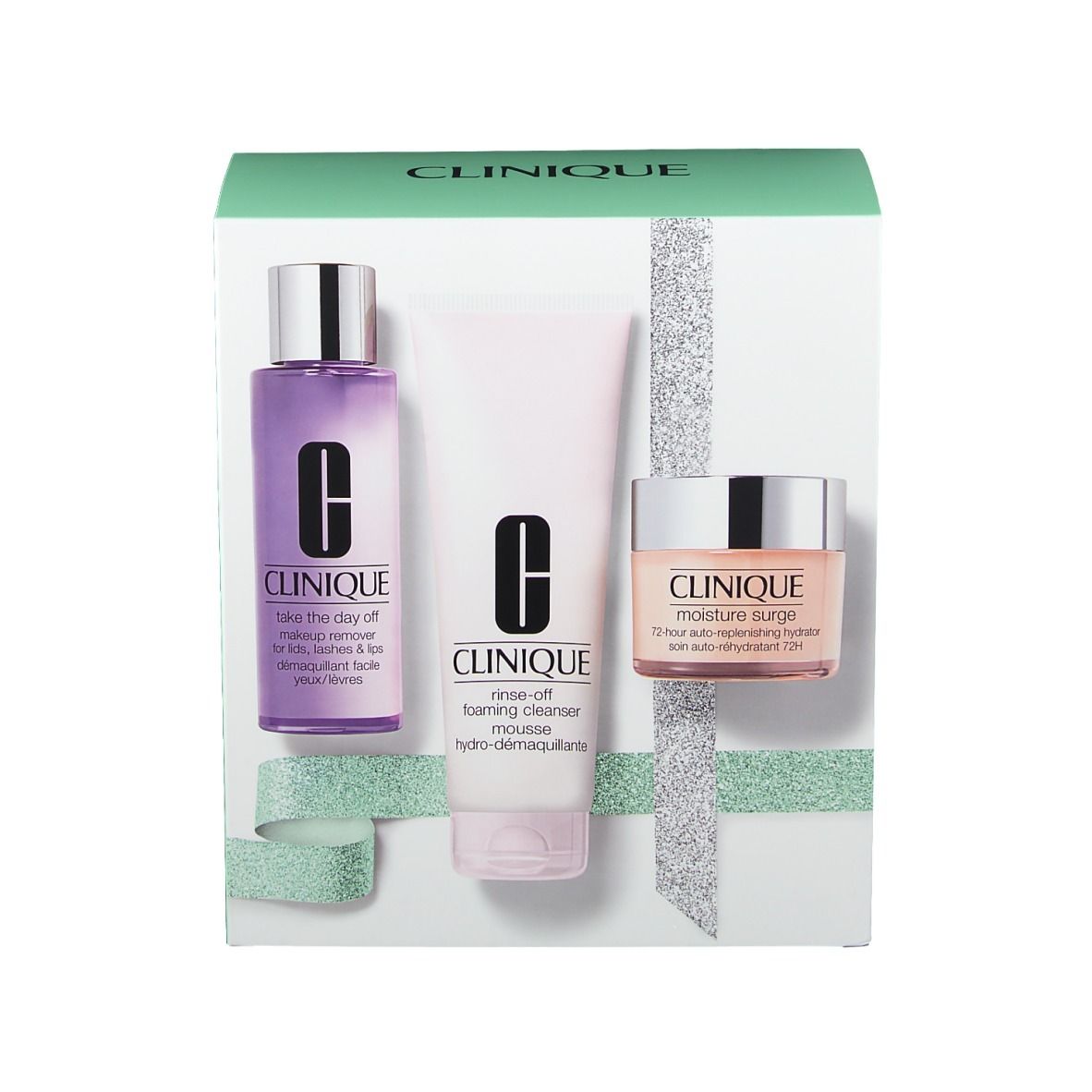 Cadeauset met drie cosmetische producten in een doos. Producten: lotion, reinigingsmousse en moisturizer.