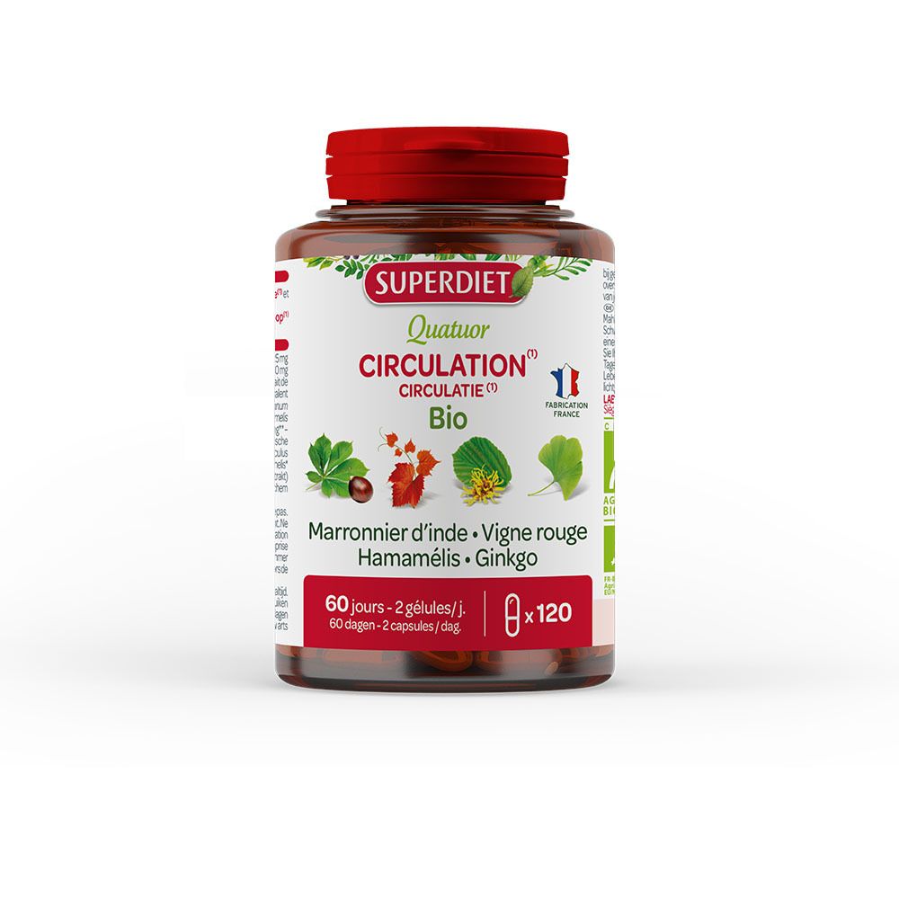 Bruine fles met capsules. Bevat Marronnier d'Inde, Vigne Rouge, Hamamélis, Ginkgo. 120 capsules.