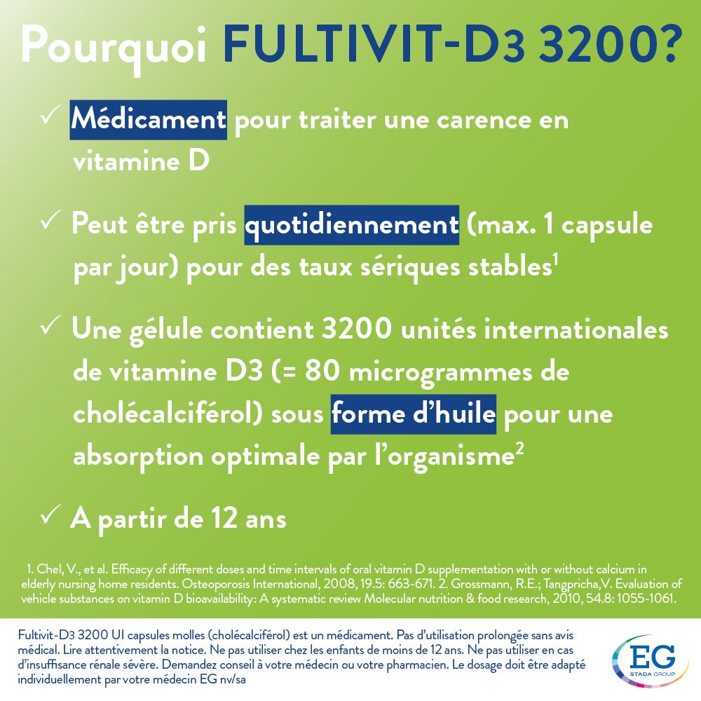 Informations sur Fultivit-D3 3200 UI. Traitement carence vitamine D. Dès 12 ans. Logo EG.
