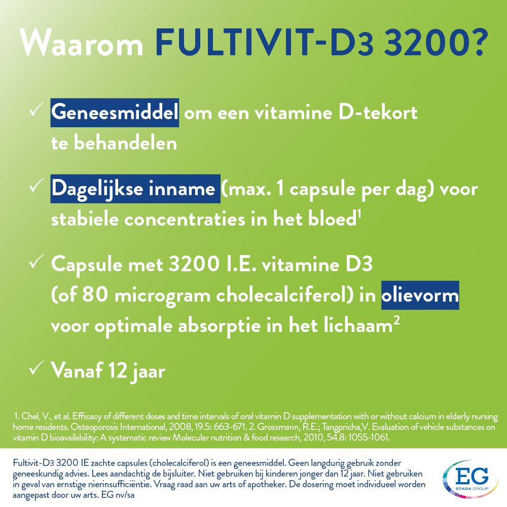Informatie over Fultivit-D3 3200 IE. Behandeling vitamine D-tekort. Vanaf 12 jaar. EG-logo.