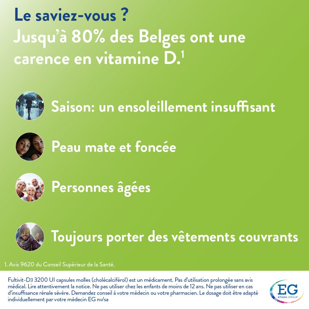 Informations sur la carence en vitamine D. Saison, peau foncée, personnes âgées. Logo EG.