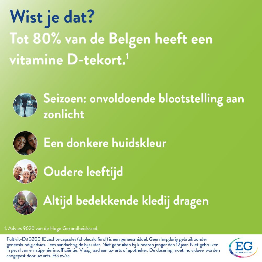 Informatie over vitamine D-tekort. Seizoen, donkere huid, ouderen. EG-logo.