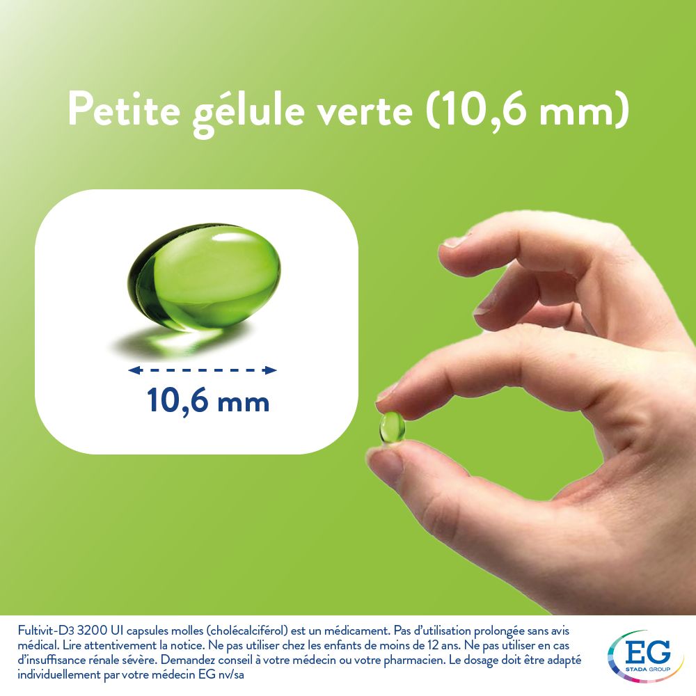 Capsule verte, 10,6 mm. Main tenant une capsule. Logo EG. Informations produit.
