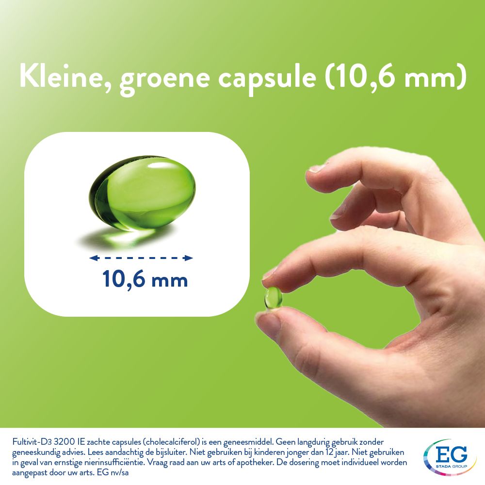Groene capsule, 10,6 mm. Hand houdt capsule vast. EG-logo. Productinformatie.
