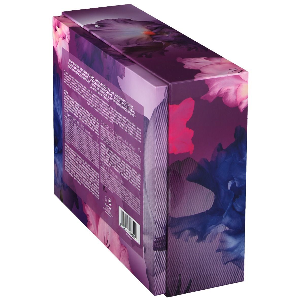 Schuine weergave van de doos. Bloemenprint. Bevat tekst en barcode. Merklogo.